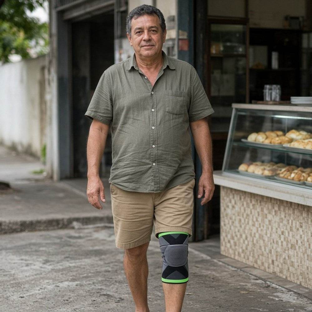 Joelheira fina e discreta usada com bermuda no dia a dia
