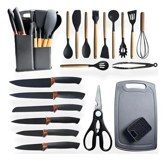 Kit 19 Utensílios de Silicone para Cozinha com Tábua e Facas