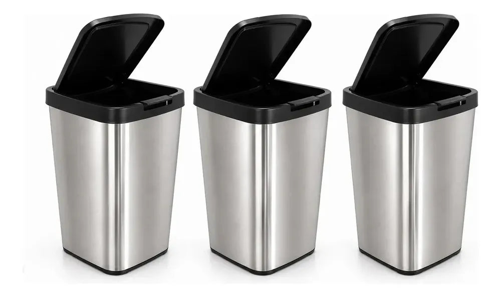 Kit 3 Lixeiras 9 Litros com Tampa e Botão – Cor Inox