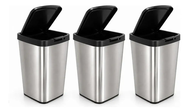 Kit 3 Lixeiras 9 Litros com Tampa e Botão – Cor Inox