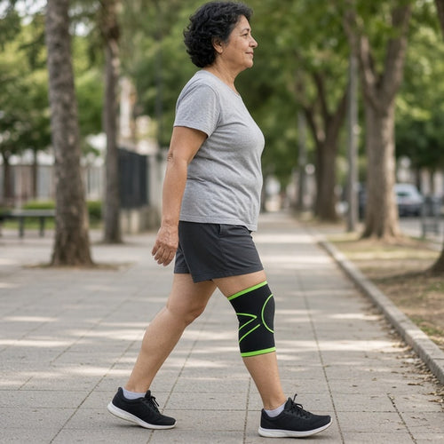 Mulher de 55 anos caminhando na praça do bairro usando a joelheira FirmaJoelho preta com verde