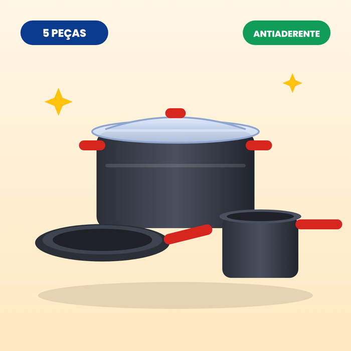 Jogo de panelas antiaderente 5 peças com cabos vermelhos